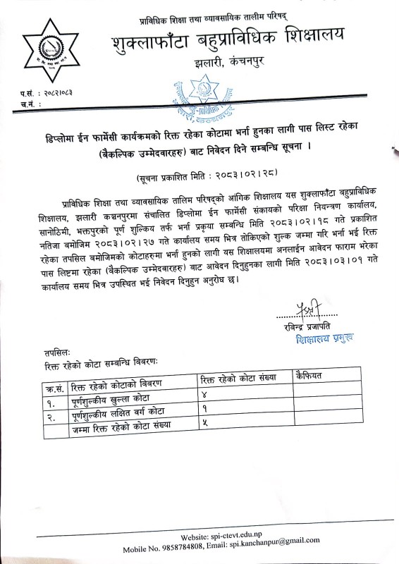 शुक्लाफाँटा  बहु प्राबिधिक शिक्षालय को सूचना